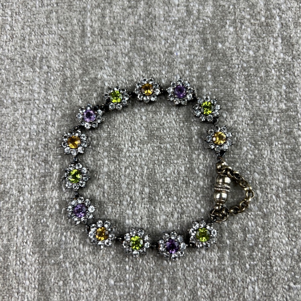 Silver 925 Thailand Floral Link Bracelet Women Multi Color Gemstone Sterling